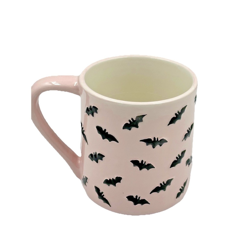 Cobwebs and Cauldrons Bats Mug Pink Black Hand Pinted Halloween Gothic - Picture 5 of 7